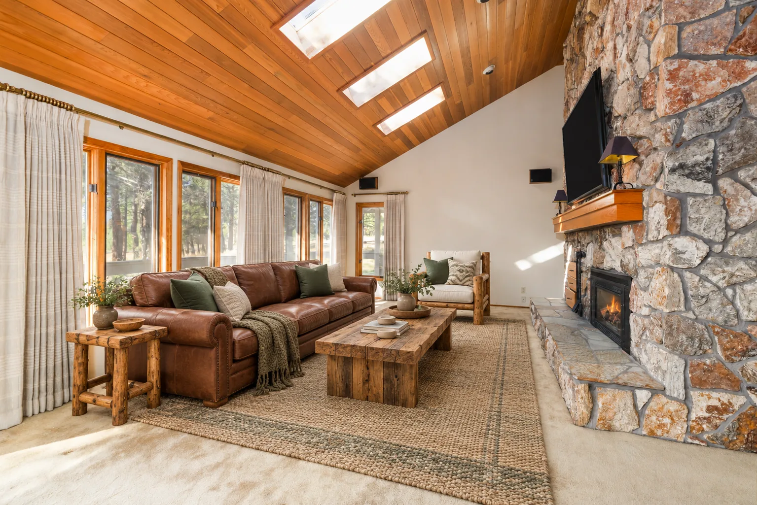 Living room with a vaulted wood ceiling, leather sofa, and stone fireplace, photographed by Madron Media